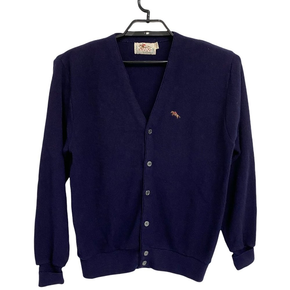 Vintage Steeplechase Men's V-Neck Button Up Navy Blue Sweater Size L